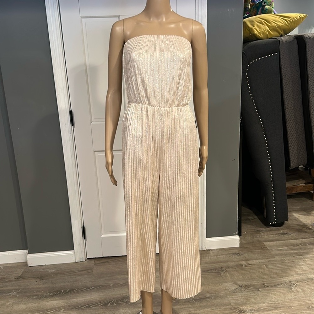 AQUA Metallic Strapless Evening Jumpsuit Ivory Gold Small. One for one event.